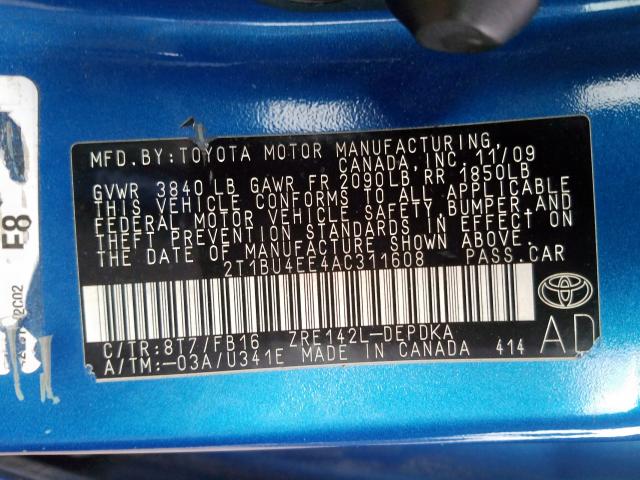 2T1BU4EE4AC311608 - 2010 TOYOTA COROLLA BASE  foto 10