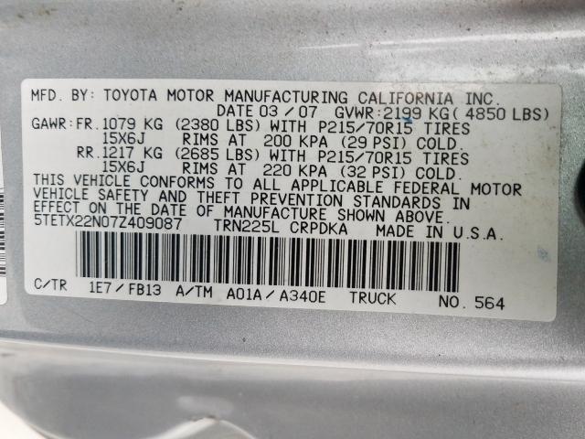 5TETX22N07Z409087 - 2007 TOYOTA TACOMA ACCESS CAB  ფოტო 10