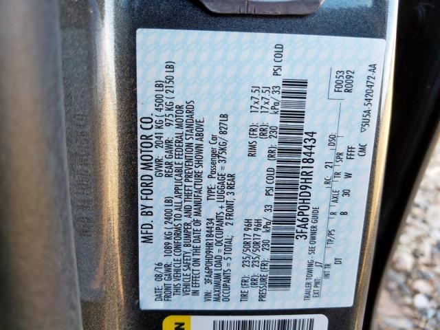 3FA6P0HD9HR184434 - 2017 FORD FUSION SE  photo 10