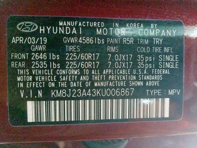 KM8J23A43KU006867 - 2019 HYUNDAI TUCSON SE  photo 10