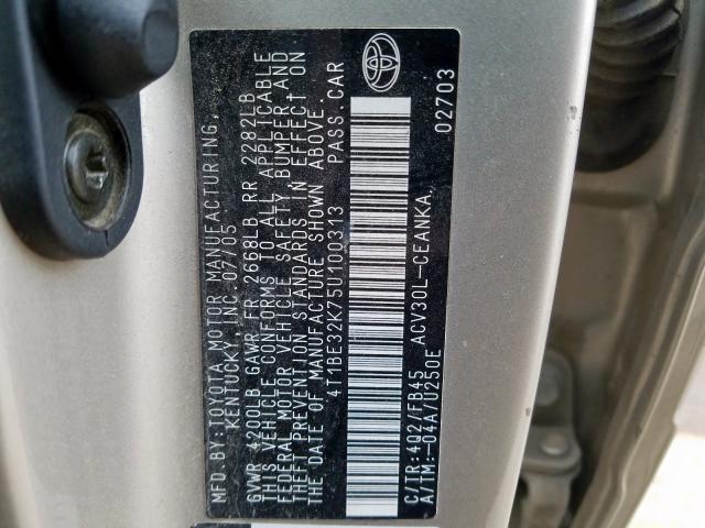 4T1BE32K75U100313 - 2005 TOYOTA CAMRY LE  photo 10