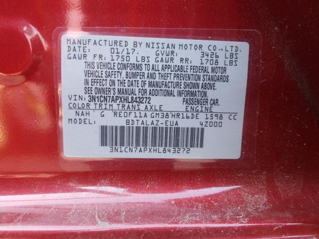 3N1CN7APXHL843272 - 2017 NISSAN VERSA S  photo 10