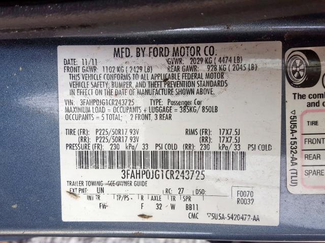 3FAHP0JG1CR243725 - 2012 FORD FUSION SEL  photo 10