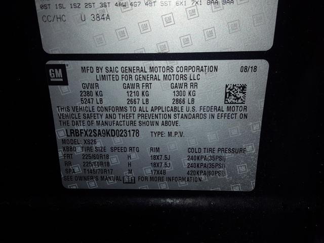 LRBFX2SA9KD023178 - 2019 BUICK ENVISION ESSENCE  լուսանկար 10