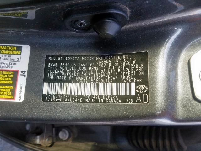 2T1BU4EEXDC060467 - 2013 TOYOTA COROLLA BASE  photo 10