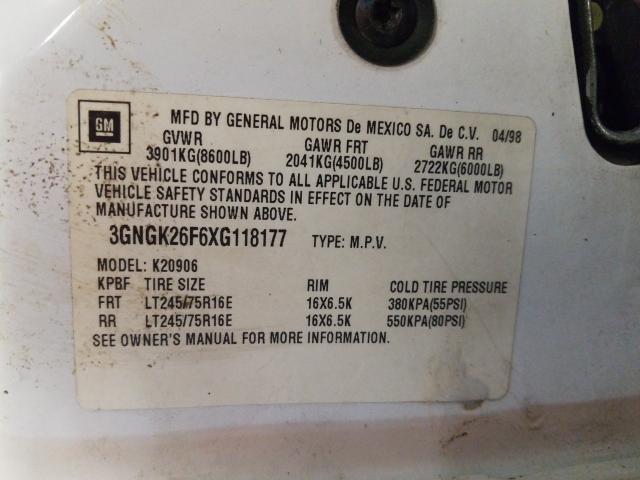 3GNGK26F6XG118177 - 1999 CHEVROLET SUBURBAN K2500  photo 10