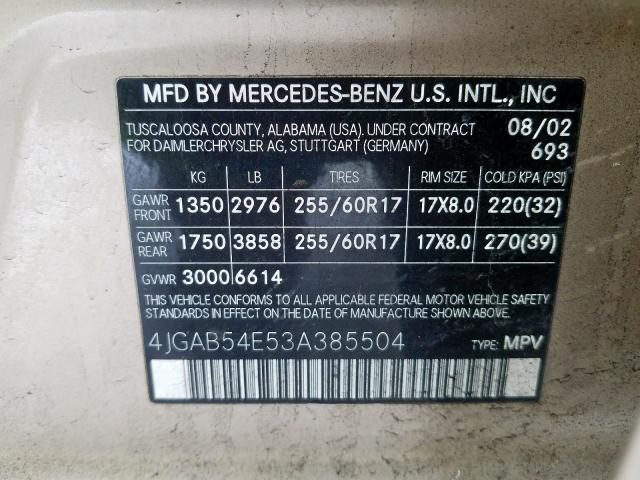 4JGAB54E53A385504 - 2003 MERCEDES-BENZ ML 320  photo 10