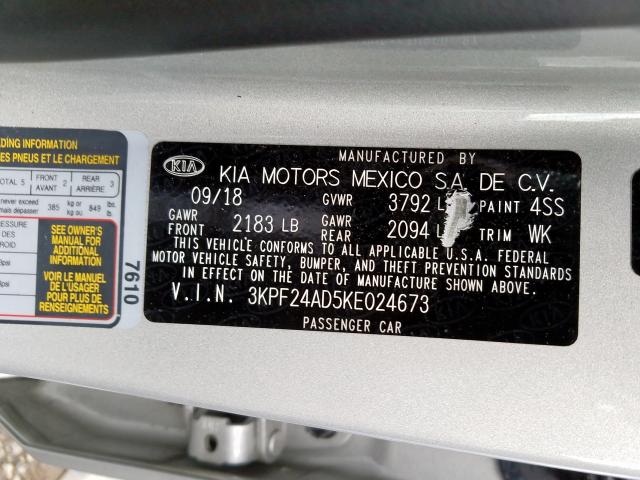 3KPF24AD5KE024673 - 2019 KIA FORTE FE  photo 10