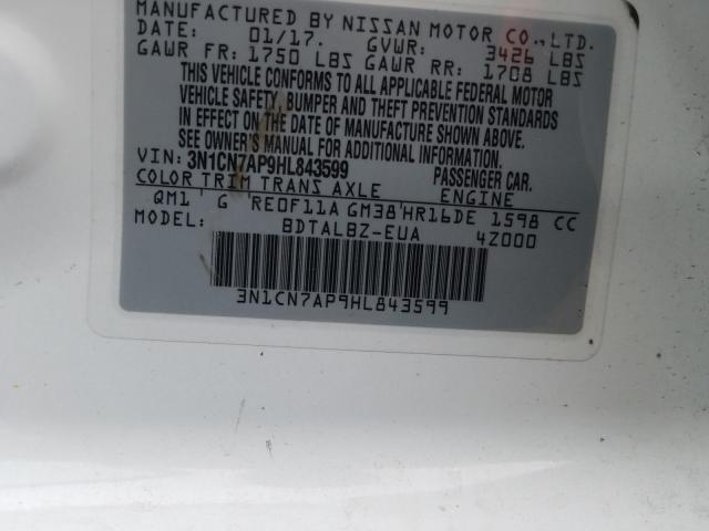 3N1CN7AP9HL843599 - 2017 NISSAN VERSA S WHITE photo 10