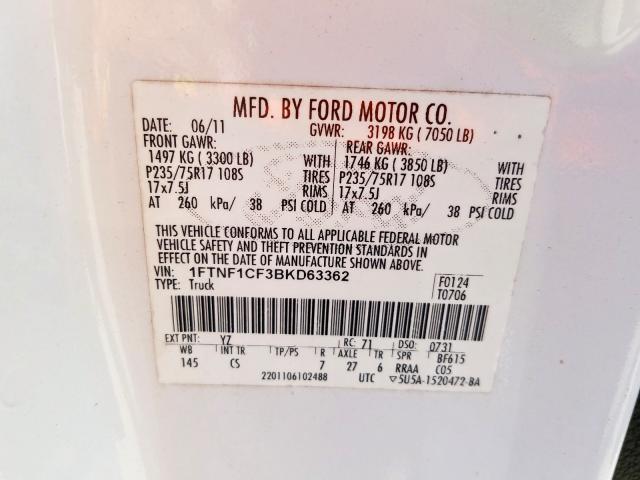 1FTNF1CF3BKD63362 - 2011 FORD F150  photo 10