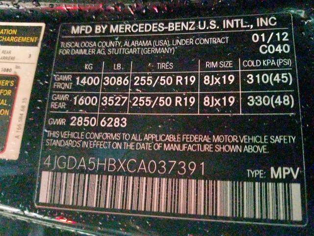 4JGDA5HBXCA037391 - 2012 MERCEDES-BENZ ML 350 4MATIC  photo 10