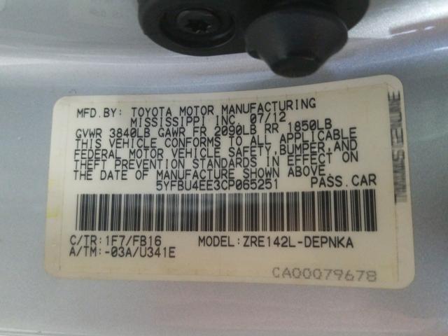 5YFBU4EE3CP065251 - 2012 TOYOTA COROLLA BASE  照片 10