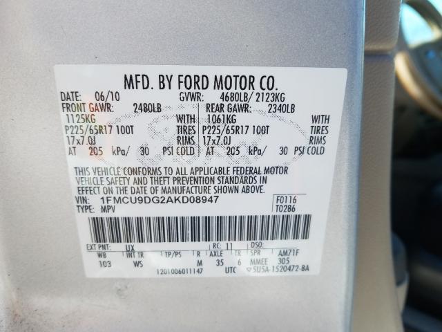 1FMCU9DG2AKD08947 - 2010 FORD ESCAPE XLT  photo 10