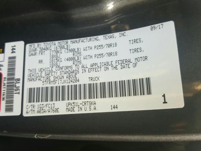 5TFRM5F17JX124204 - 2018 TOYOTA TUNDRA DOUBLE CAB SR/SR5  photo 10