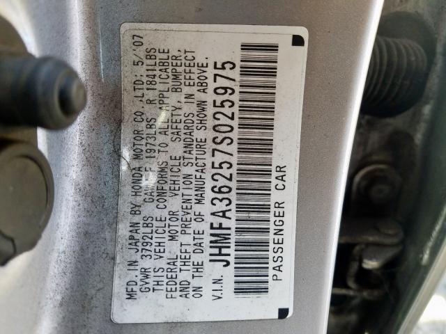 JHMFA36257S025975 - 2007 HONDA CIVIC HYBRID  photo 10