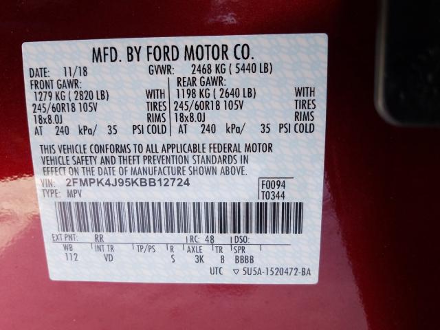 2FMPK4J95KBB12724 - 2019 FORD EDGE SEL  photo 10