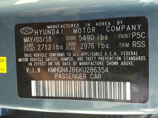 KMHGN4JB6KU286354 - 2019 GENESIS G80 BASE  photo 10