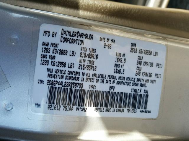 2D8GP44L23R258733 - 2003 DODGE GRAND CARAVAN SPORT  photo 10