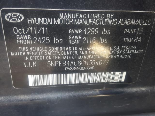 5NPEB4AC8CH394077 - 2012 HYUNDAI SONATA GLS  photo 10