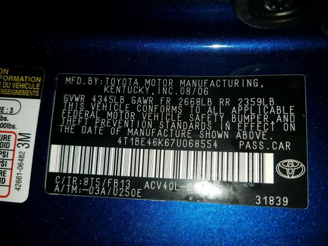 4T1BE46K67U068554 - 2007 TOYOTA CAMRY CE  photo 10