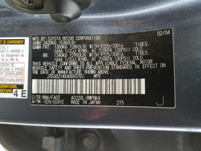 JTEGD21AX40093701 - 2004 TOYOTA HIGHLANDER  photo 10