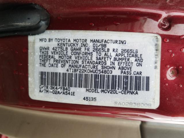 4T1BF22K0WU054803 - 1998 TOYOTA CAMRY CE  photo 10