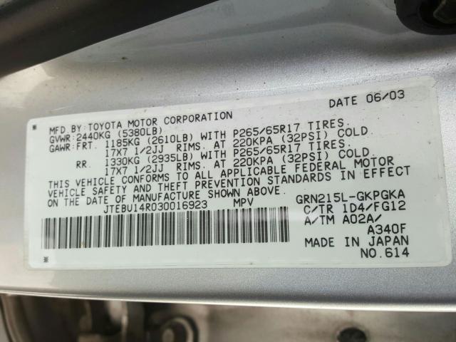 JTEBU14R030016923 - 2003 TOYOTA 4RUNNER SR5  photo 10