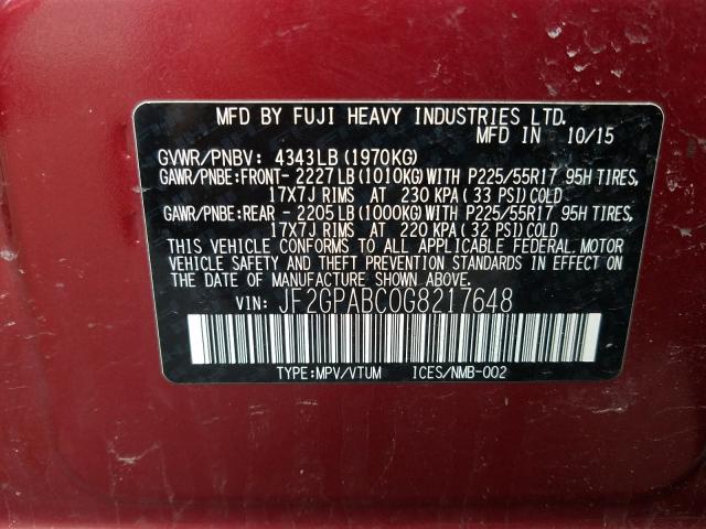 JF2GPABC0G8217648 - 2016 SUBARU CROSSTREK PREMIUM  ფოტო 10