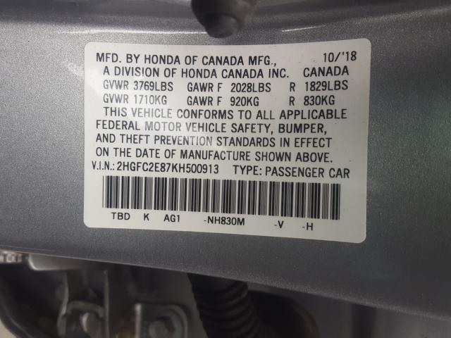 2HGFC2E87KH500913 - 2019 HONDA CIVIC SPORT  Foto 10