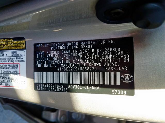 4T1BE32K94U868230 - 2004 TOYOTA CAMRY LE  photo 10