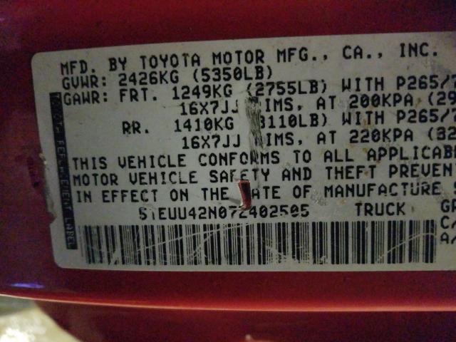 5TEUU42N07Z402505 - 2007 TOYOTA TACOMA ACCESS CAB  ფოტო 10