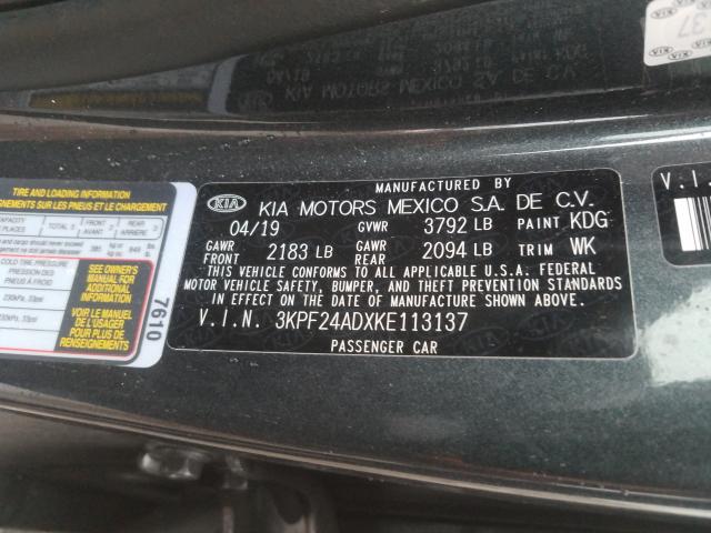 3KPF24ADXKE113137 - 2019 KIA FORTE FE  photo 10