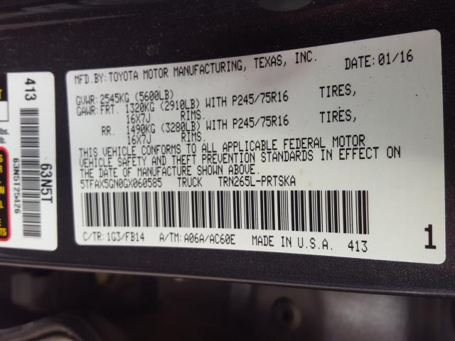 5TFAX5GN0GX060585 - 2016 TOYOTA TACOMA DOUBLE CAB  照片 10