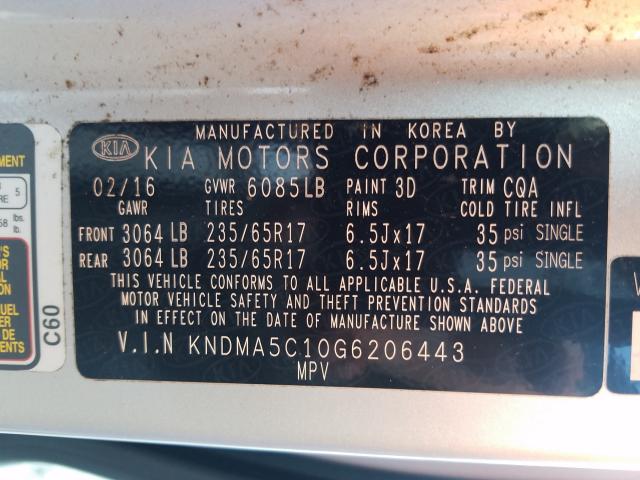 KNDMA5C10G6206443 - 2016 KIA SEDONA L  photo 10