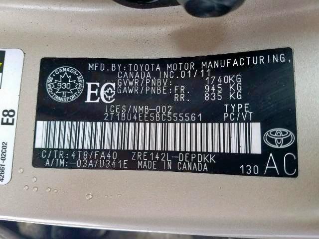 2T1BU4EE5BC555561 - 2011 TOYOTA COROLLA BASE  照片 9