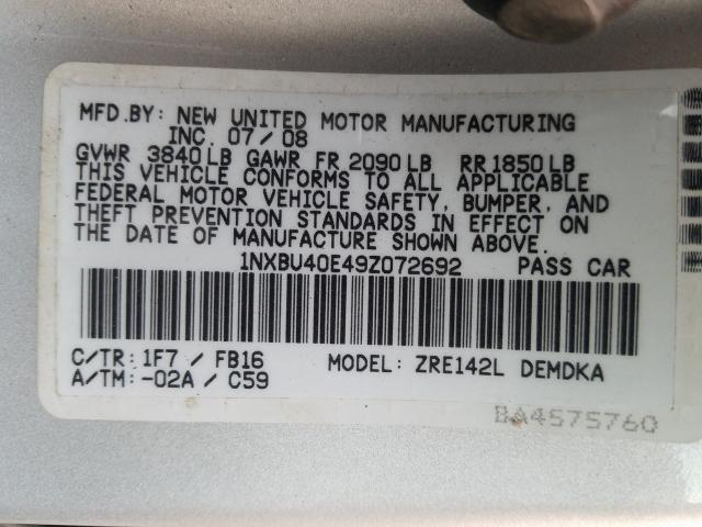 1NXBU40E49Z072692 - 2009 TOYOTA COROLLA BASE  foto 10