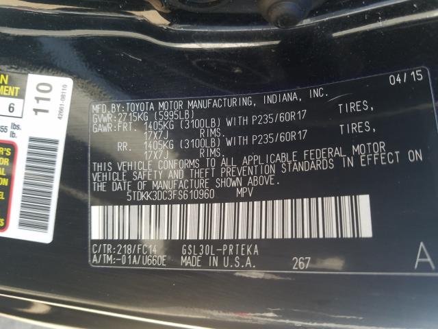 5TDKK3DC3FS610960 - 2015 TOYOTA SIENNA LE  photo 10