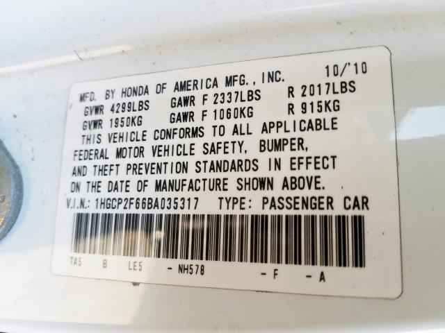 1HGCP2F66BA035317 - 2011 HONDA ACCORD SE  photo 10