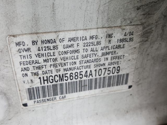 1HGCM56854A107509 - 2004 HONDA ACCORD EX  photo 10