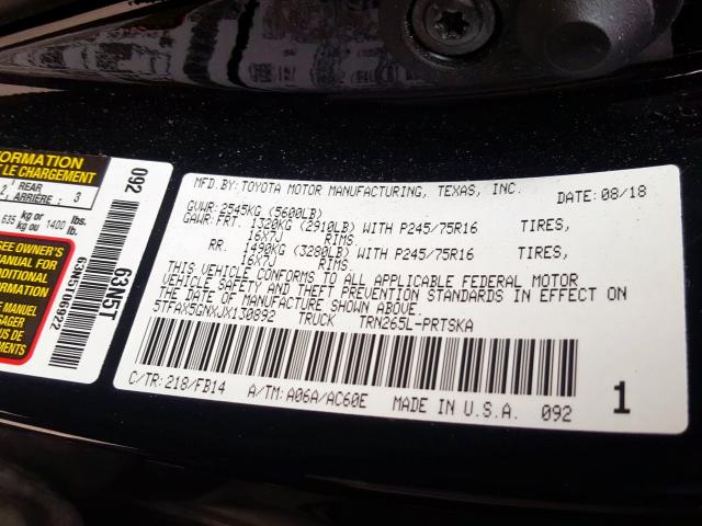 5TFAX5GNXJX130892 - 2018 TOYOTA TACOMA DOUBLE CAB  照片 10