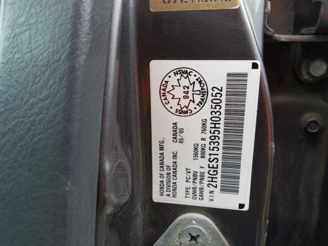 2HGES15395H035052 - 2005 HONDA CIVIC DX VP  foto 10