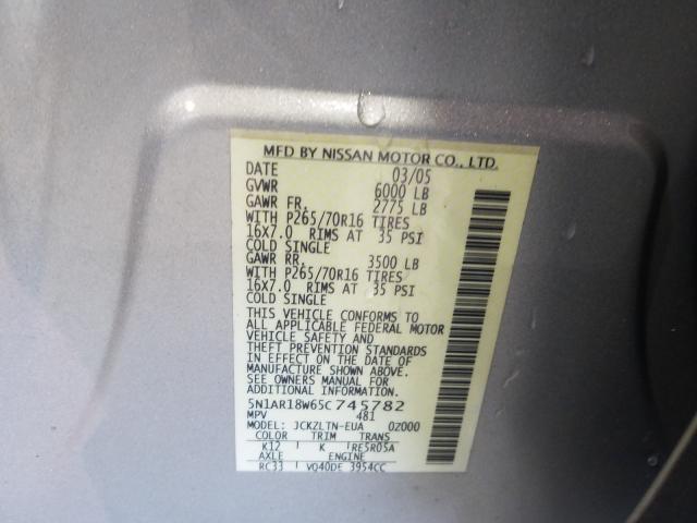 5N1AR18W65C745782 - 2005 NISSAN PATHFINDER LE  photo 10