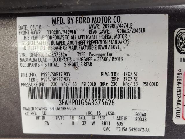 3FAHP0JG5AR375626 - 2010 FORD FUSION SEL  photo 10