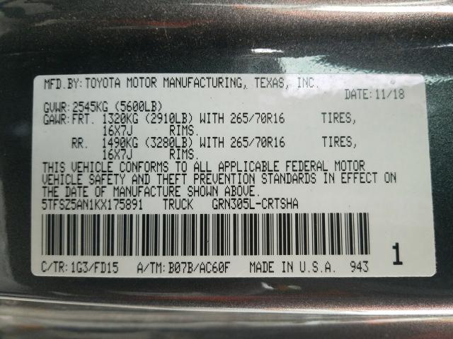 5TFSZ5AN1KX175891 - 2019 TOYOTA TACOMA ACCESS CAB  ფოტო 10