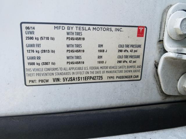 5YJSA1S11EFP42725 - 2014 TESLA MODEL S  լուսանկար 10