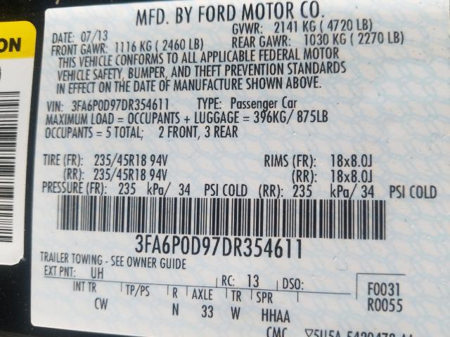 3FA6P0D97DR354611 - 2013 FORD FUSION TITANIUM  photo 10