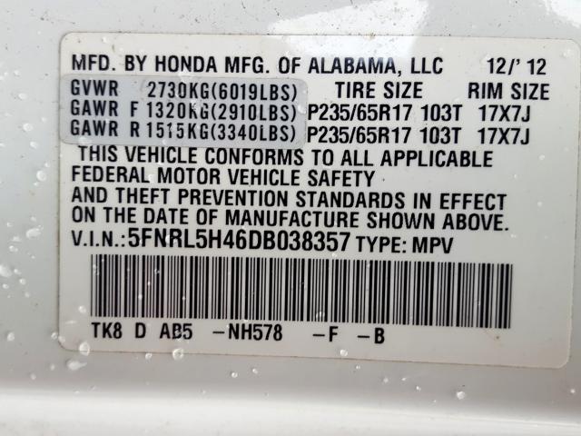 5FNRL5H46DB038357 - 2013 HONDA ODYSSEY EX  photo 10