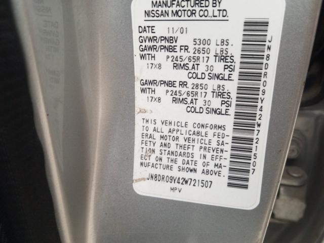 JN8DR09Y42W721507 - 2002 NISSAN PATHFINDER LE  ფოტო 10