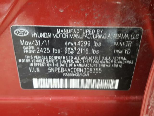 5NPEB4AC0BH308355 - 2011 HYUNDAI SONATA GLS  photo 10