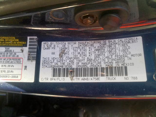 3TMJU62N46M018396 - 2006 TOYOTA TACOMA DOUBLE CAB PRERUNNER  photo 10